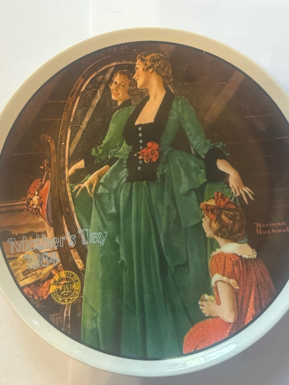 Knowles Wall Plaque Featuring Woman in Green Gown with Red Accents